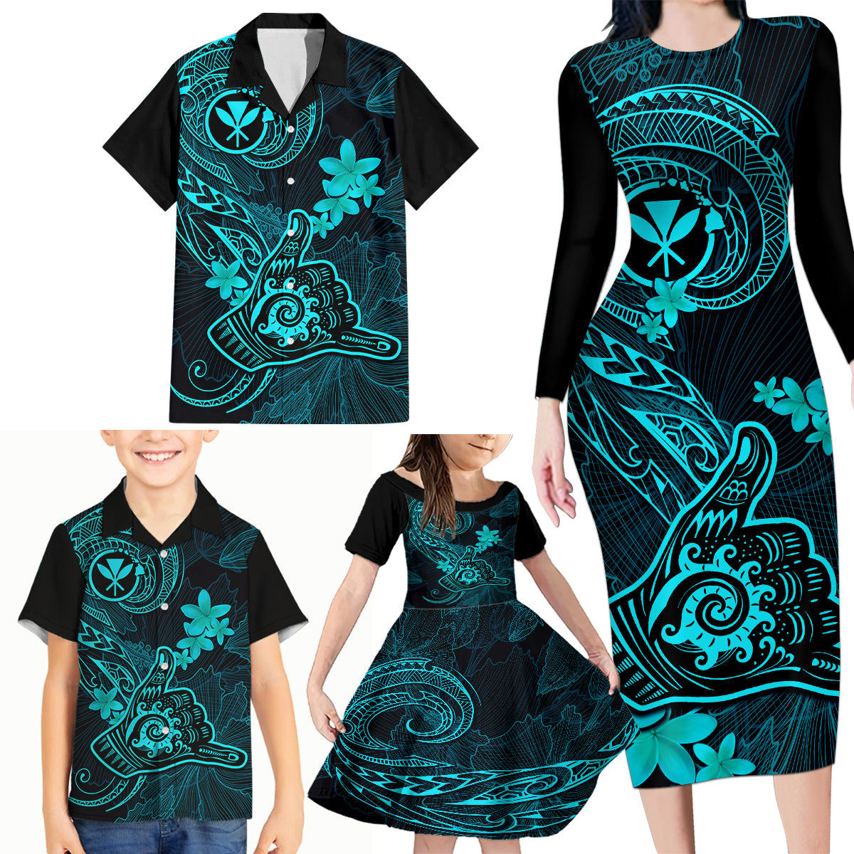 hawaii-family-matching-long-sleeve-bodycon-dress-and-hawaiian-shirt-shaka-tattoo-mix-polynesian-plumeria-turquoise-version