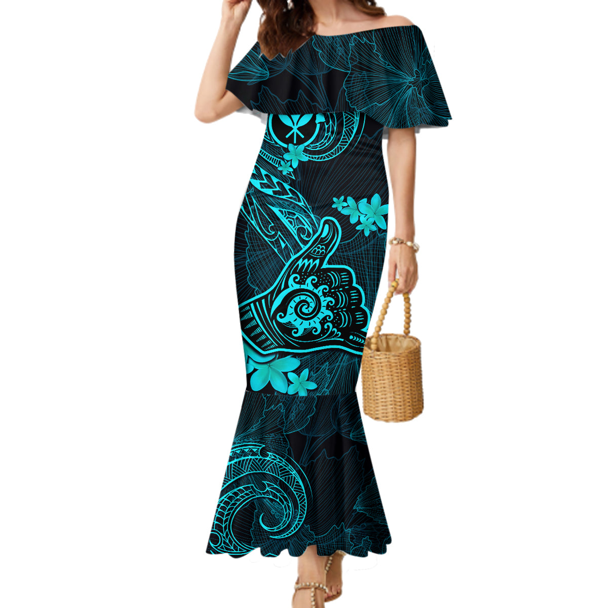 hawaii-family-matching-mermaid-dress-and-hawaiian-shirt-shaka-tattoo-mix-polynesian-plumeria-turquoise-version