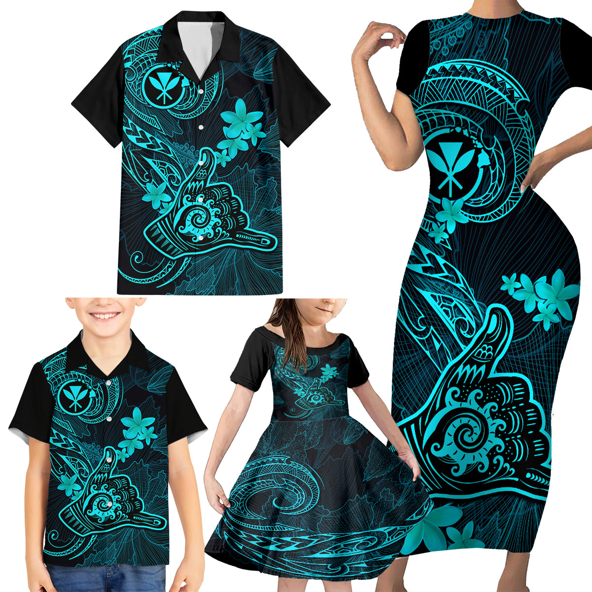 hawaii-family-matching-short-sleeve-bodycon-dress-and-hawaiian-shirt-shaka-tattoo-mix-polynesian-plumeria-turquoise-version