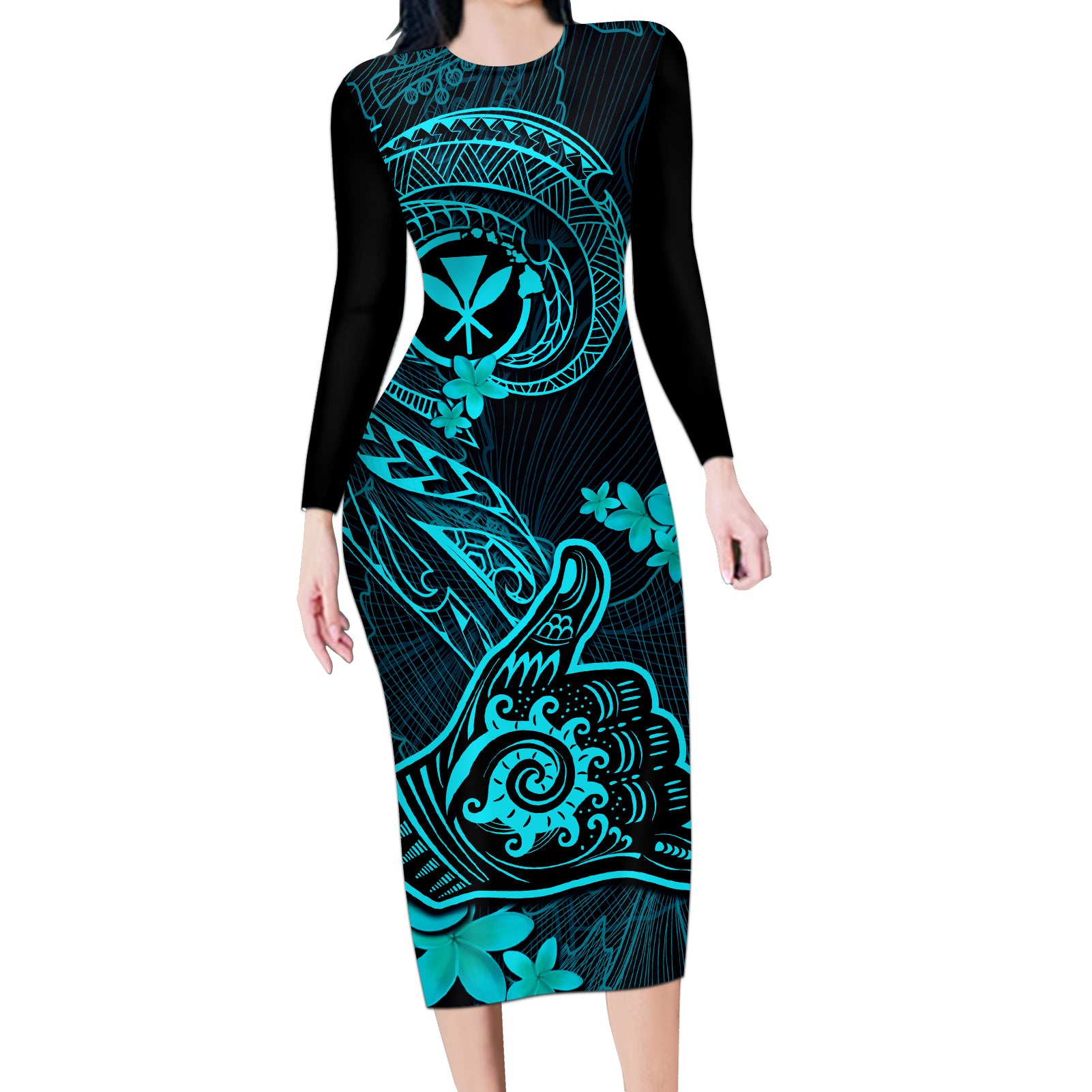 hawaii-long-sleeve-bodycon-dress-shaka-tattoo-mix-polynesian-plumeria-turquoise-version