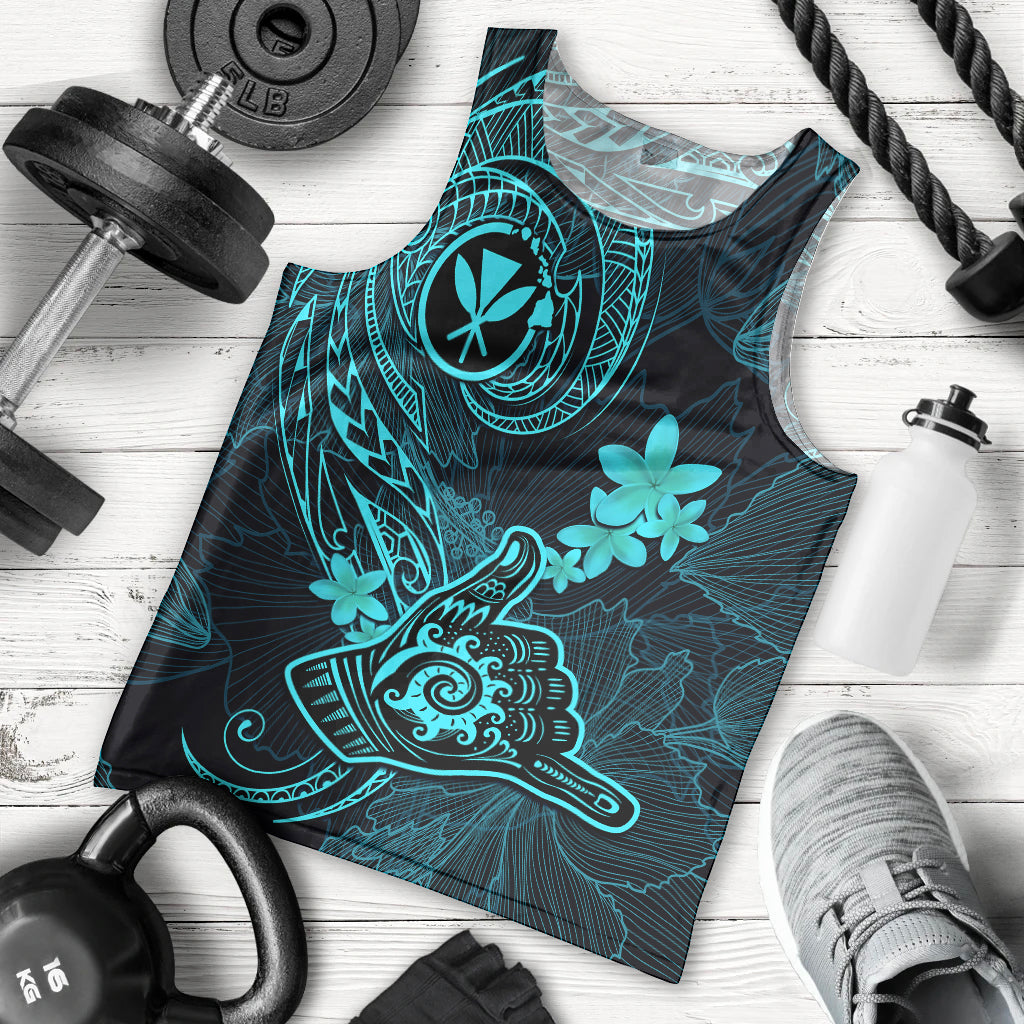 Hawaii Men Tank Top Shaka Tattoo Mix Polynesian Plumeria Turquoise Version LT14 Turquoise - Polynesian Pride