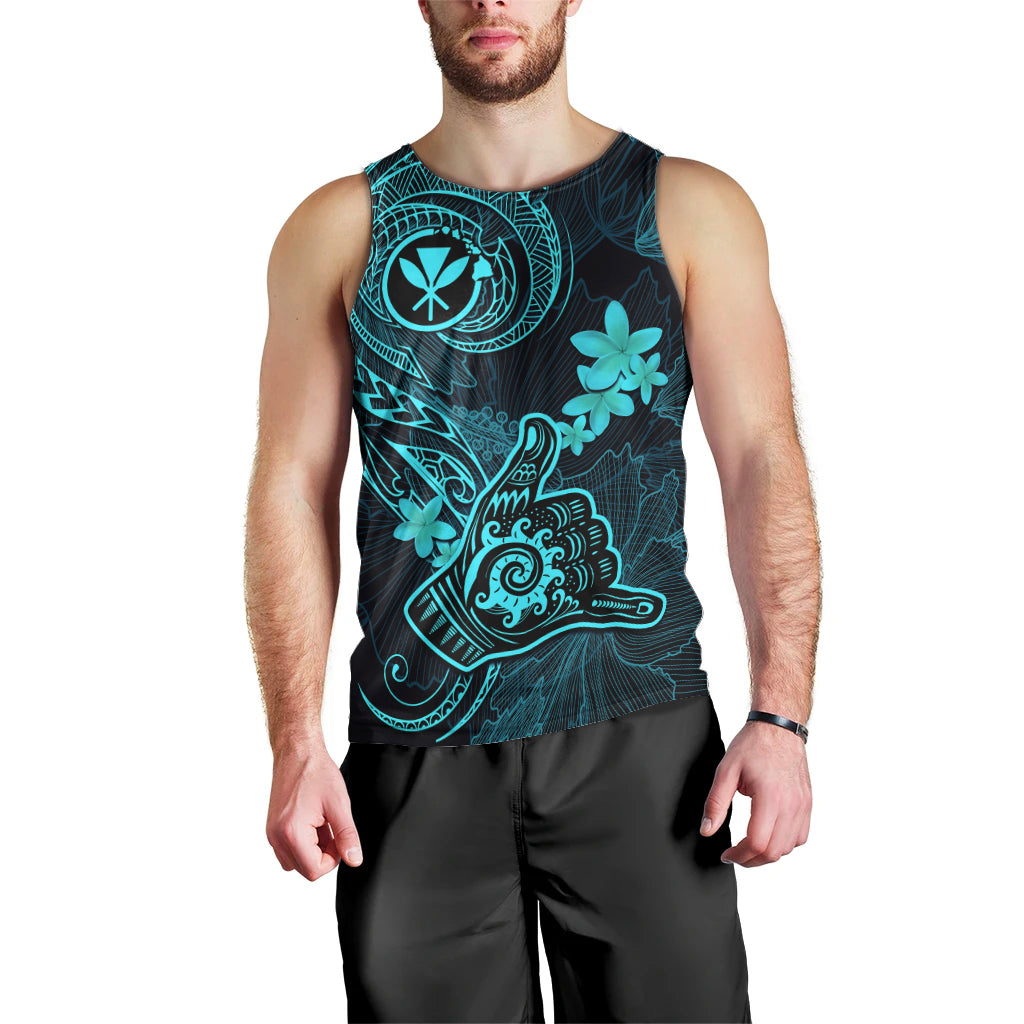 Hawaii Men Tank Top Shaka Tattoo Mix Polynesian Plumeria Turquoise Version LT14 - Polynesian Pride