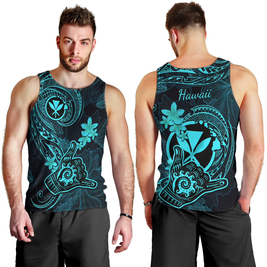 Hawaii Men Tank Top Shaka Tattoo Mix Polynesian Plumeria Turquoise Version LT14 - Polynesian Pride