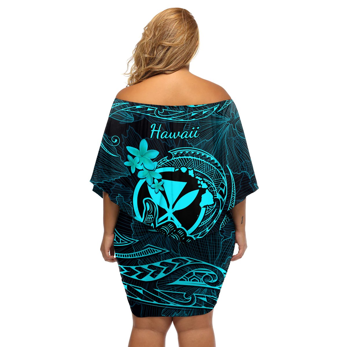 Hawaii Off Shoulder Short Dress Shaka Tattoo Mix Polynesian Plumeria Turquoise Version LT14 - Polynesian Pride