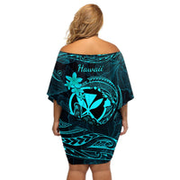 Hawaii Off Shoulder Short Dress Shaka Tattoo Mix Polynesian Plumeria Turquoise Version LT14 - Polynesian Pride