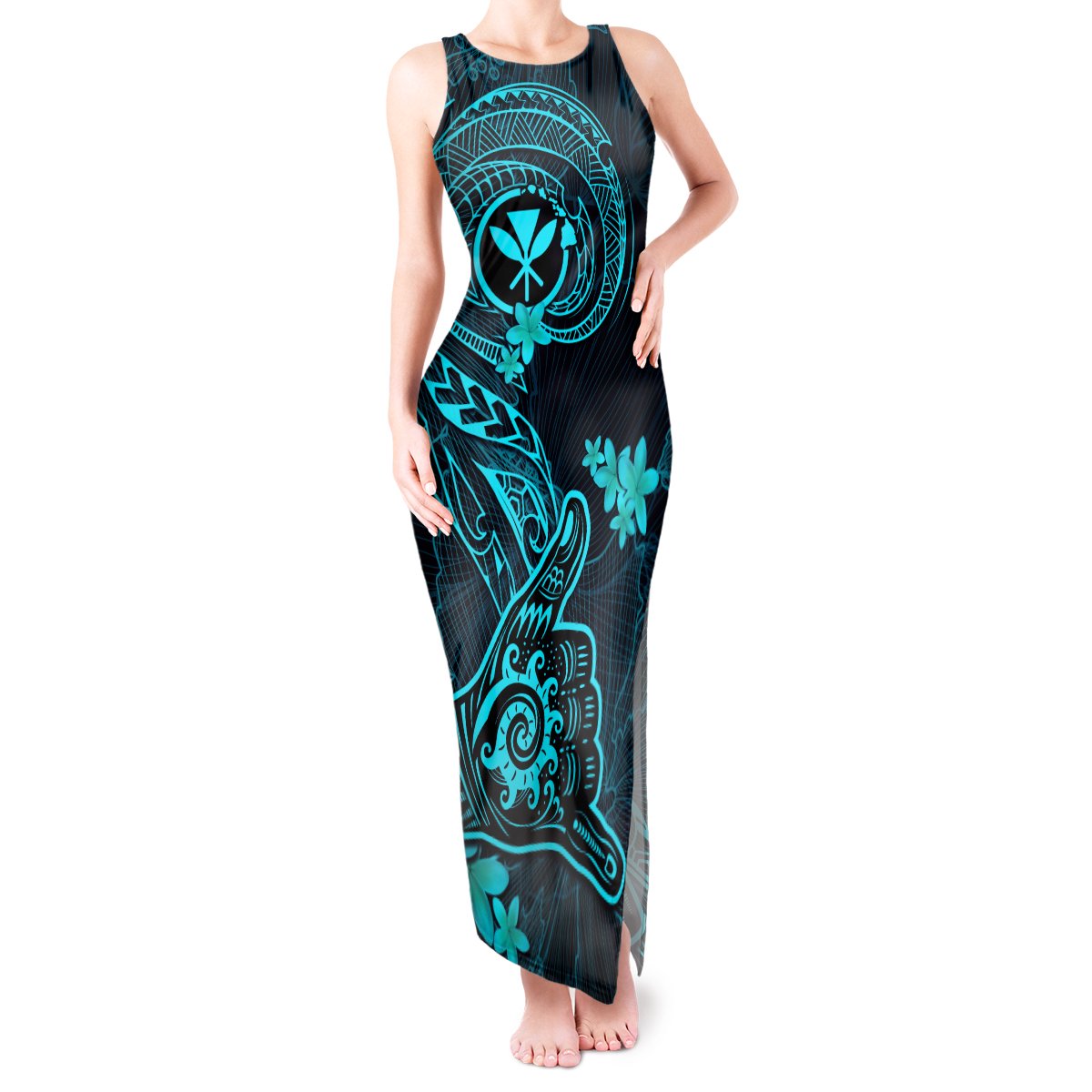 Hawaii Tank Maxi Dress Shaka Tattoo Mix Polynesian Plumeria Turquoise Version LT14 Women Turquoise - Polynesian Pride