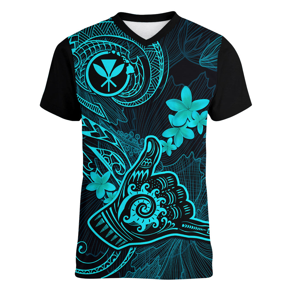 hawaii-women-v-neck-t-shirt-shaka-tattoo-mix-polynesian-plumeria-turquoise-version
