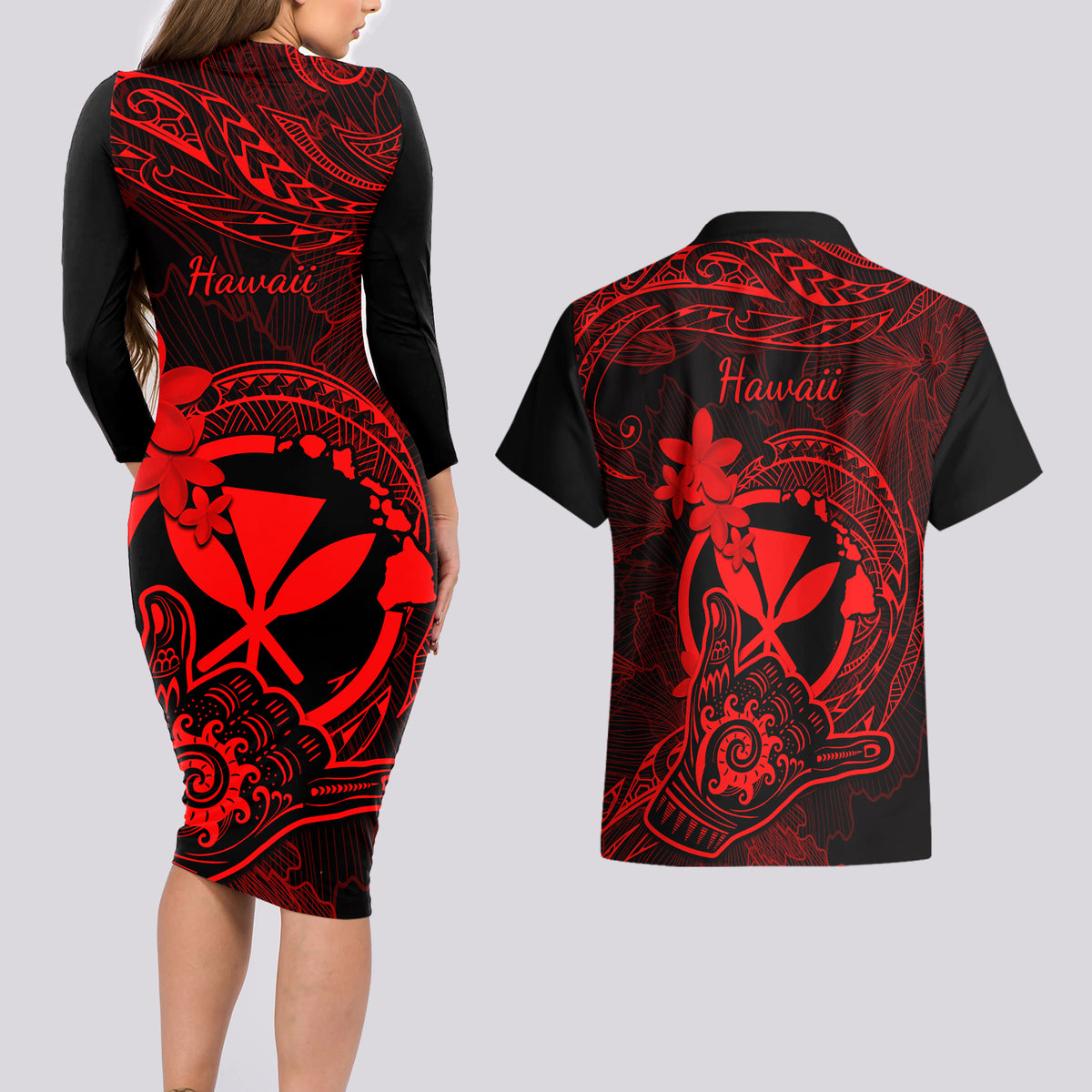 hawaii-couples-matching-long-sleeve-bodycon-dress-and-hawaiian-shirt-shaka-tattoo-mix-polynesian-plumeria-red-version
