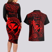 hawaii-couples-matching-long-sleeve-bodycon-dress-and-hawaiian-shirt-shaka-tattoo-mix-polynesian-plumeria-red-version