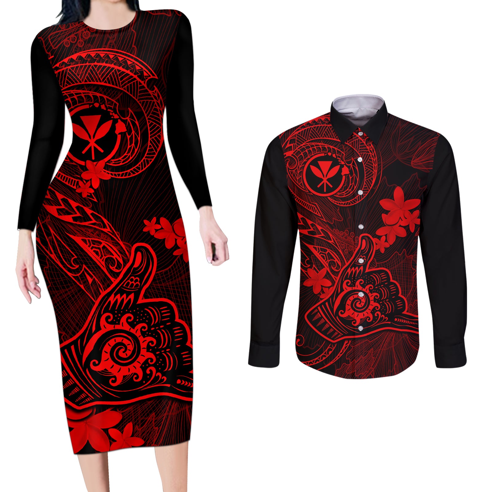 hawaii-couples-matching-long-sleeve-bodycon-dress-and-long-sleeve-button-shirts-shaka-tattoo-mix-polynesian-plumeria-red-version