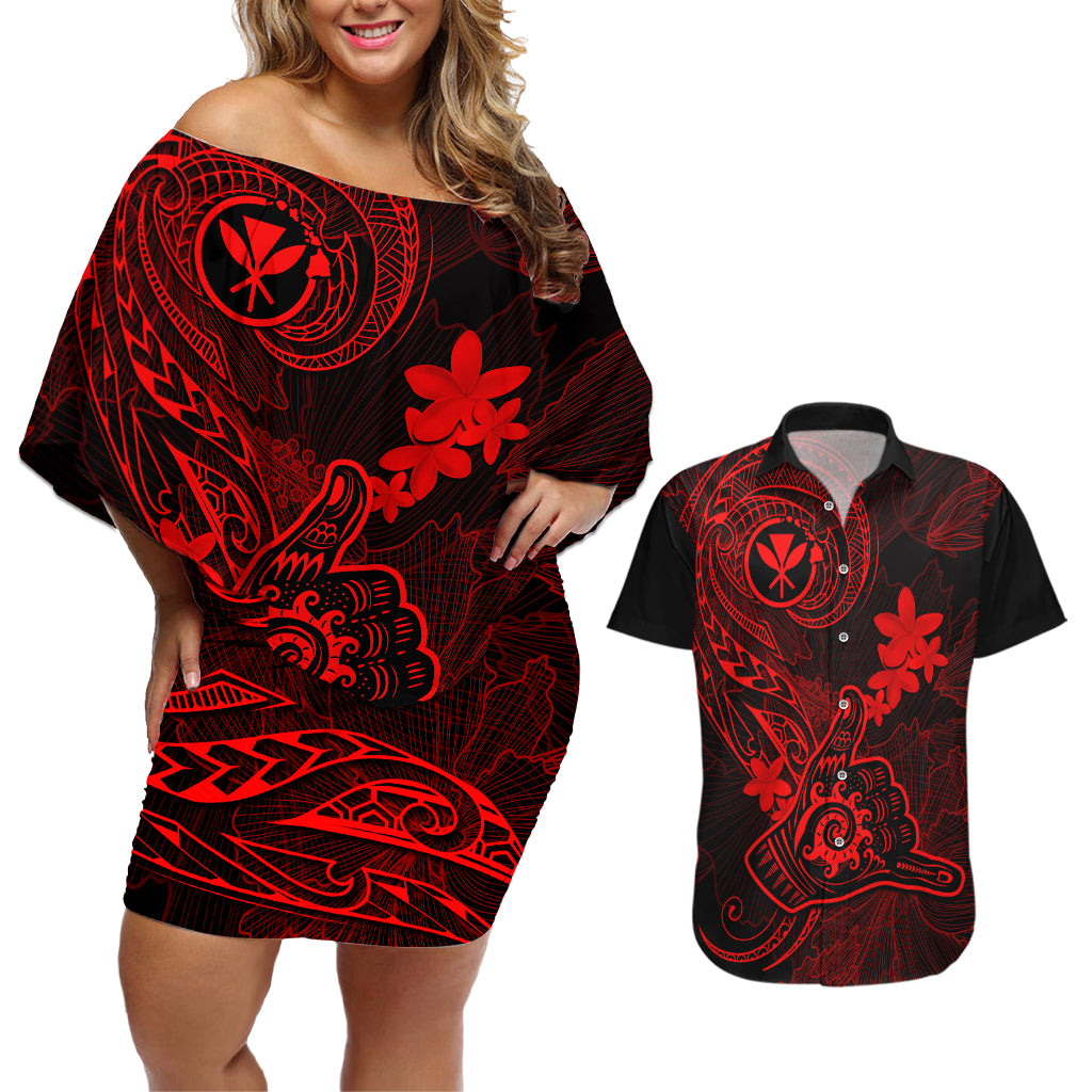 hawaii-couples-matching-off-shoulder-short-dress-and-hawaiian-shirt-shaka-tattoo-mix-polynesian-plumeria-red-version