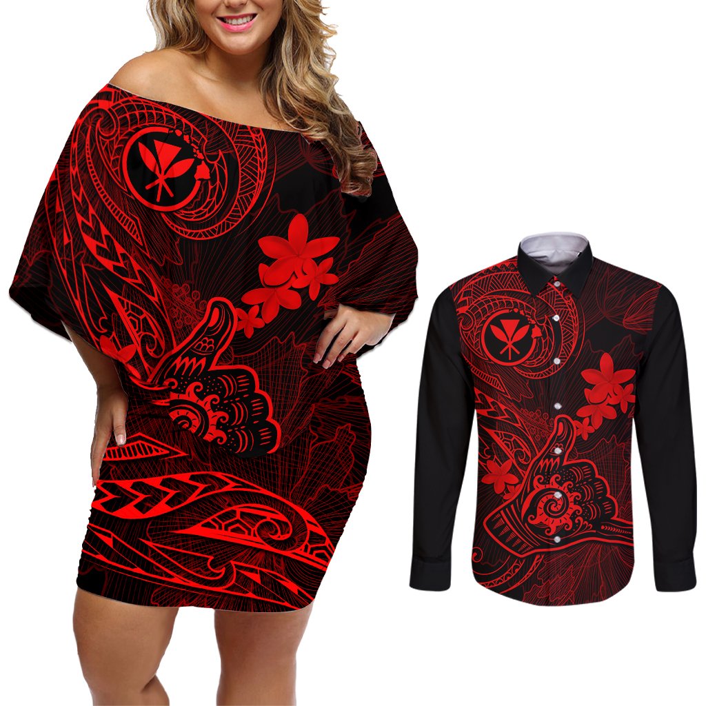 Hawaii Couples Matching Off Shoulder Short Dress and Long Sleeve Button Shirts Shaka Tattoo Mix Polynesian Plumeria Red Version LT14 Red - Polynesian Pride