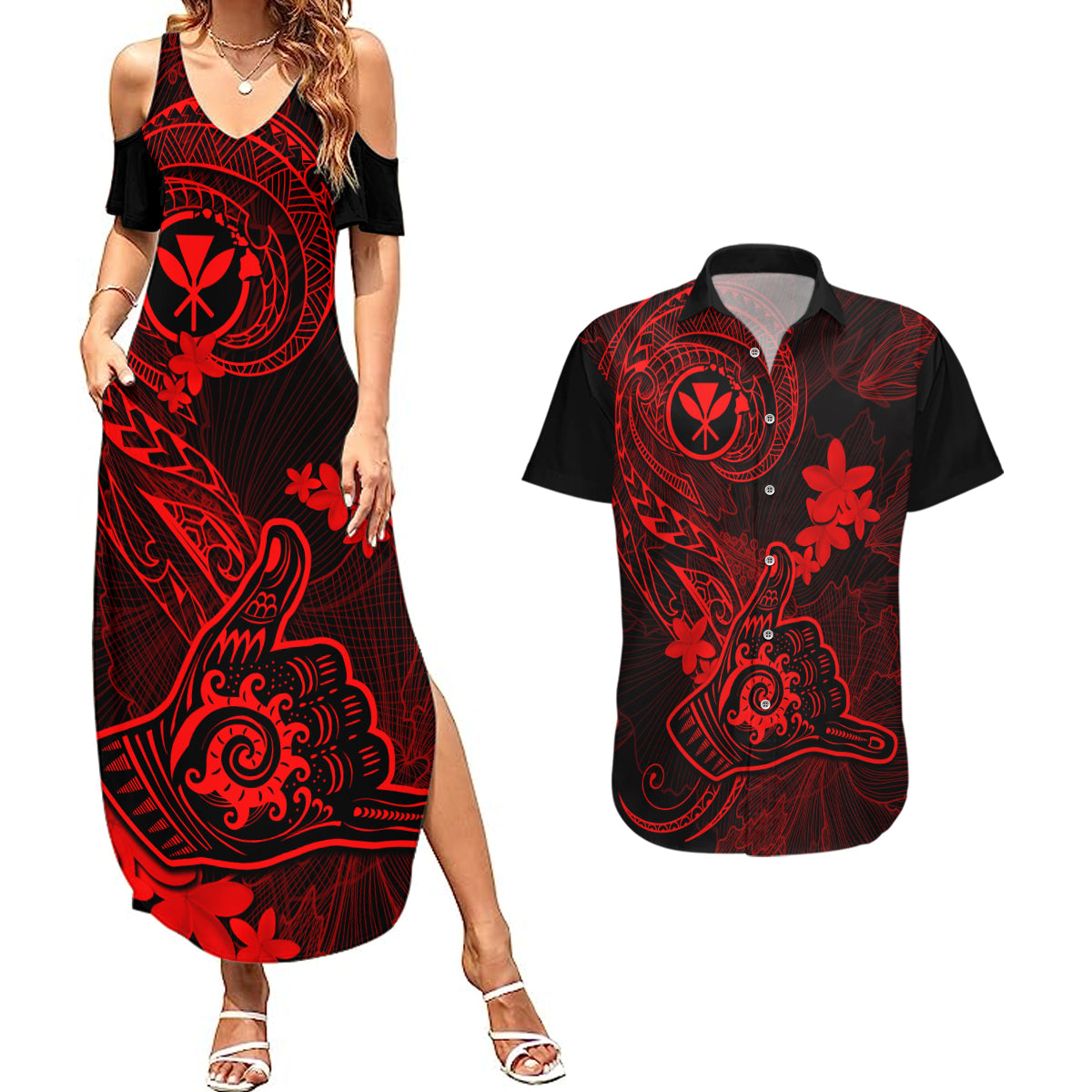 hawaii-couples-matching-summer-maxi-dress-and-hawaiian-shirt-shaka-tattoo-mix-polynesian-plumeria-red-version
