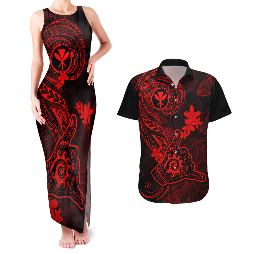 Hawaii Couples Matching Tank Maxi Dress and Hawaiian Shirt Shaka Tattoo Mix Polynesian Plumeria Red Version LT14 Red - Polynesian Pride