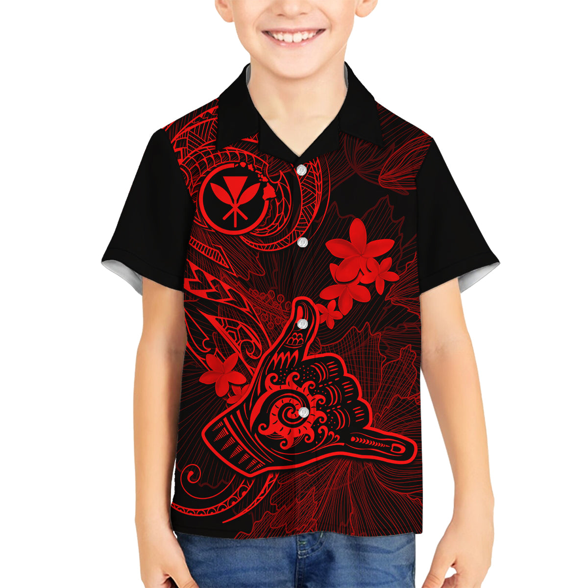Hawaii Family Matching Long Sleeve Bodycon Dress and Hawaiian Shirt Shaka Tattoo Mix Polynesian Plumeria Red Version LT14 Son's Shirt Red - Polynesian Pride