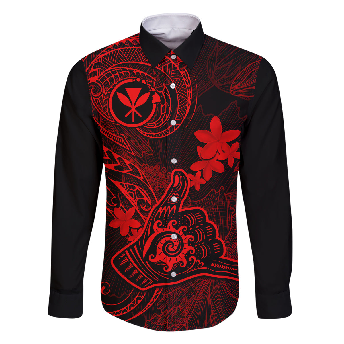 Hawaii Family Matching Mermaid Dress and Hawaiian Shirt Shaka Tattoo Mix Polynesian Plumeria Red Version LT14 Dad's Shirt - Long Sleeve Red - Polynesian Pride