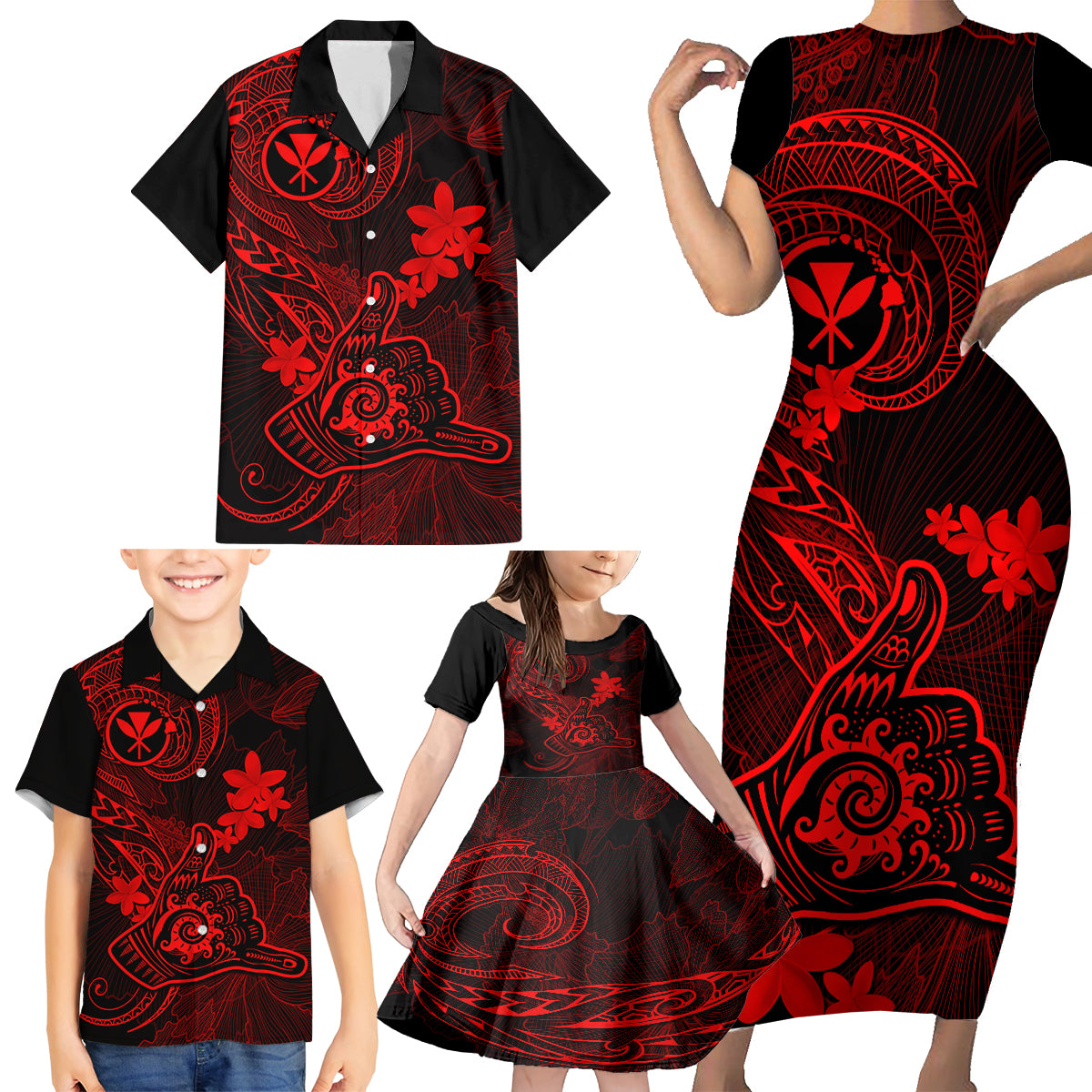 hawaii-family-matching-short-sleeve-bodycon-dress-and-hawaiian-shirt-shaka-tattoo-mix-polynesian-plumeria-red-version