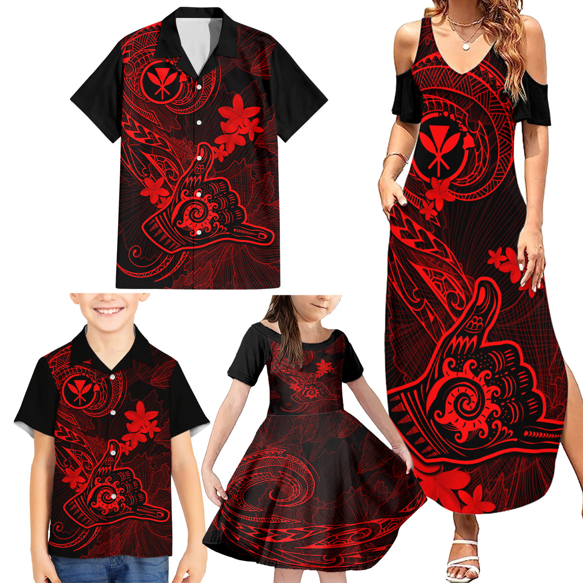 hawaii-family-matching-summer-maxi-dress-and-hawaiian-shirt-shaka-tattoo-mix-polynesian-plumeria-red-version