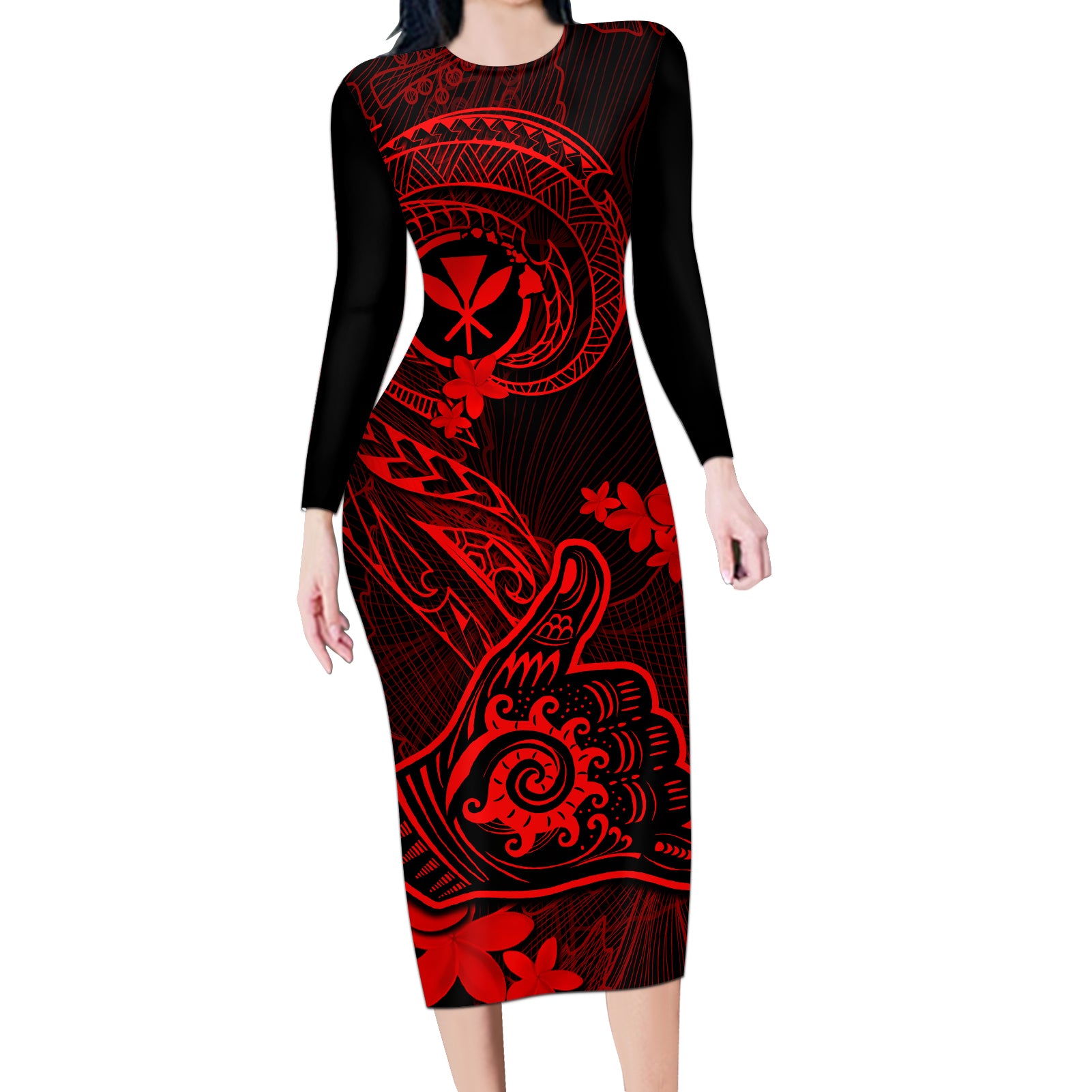 hawaii-long-sleeve-bodycon-dress-shaka-tattoo-mix-polynesian-plumeria-red-version