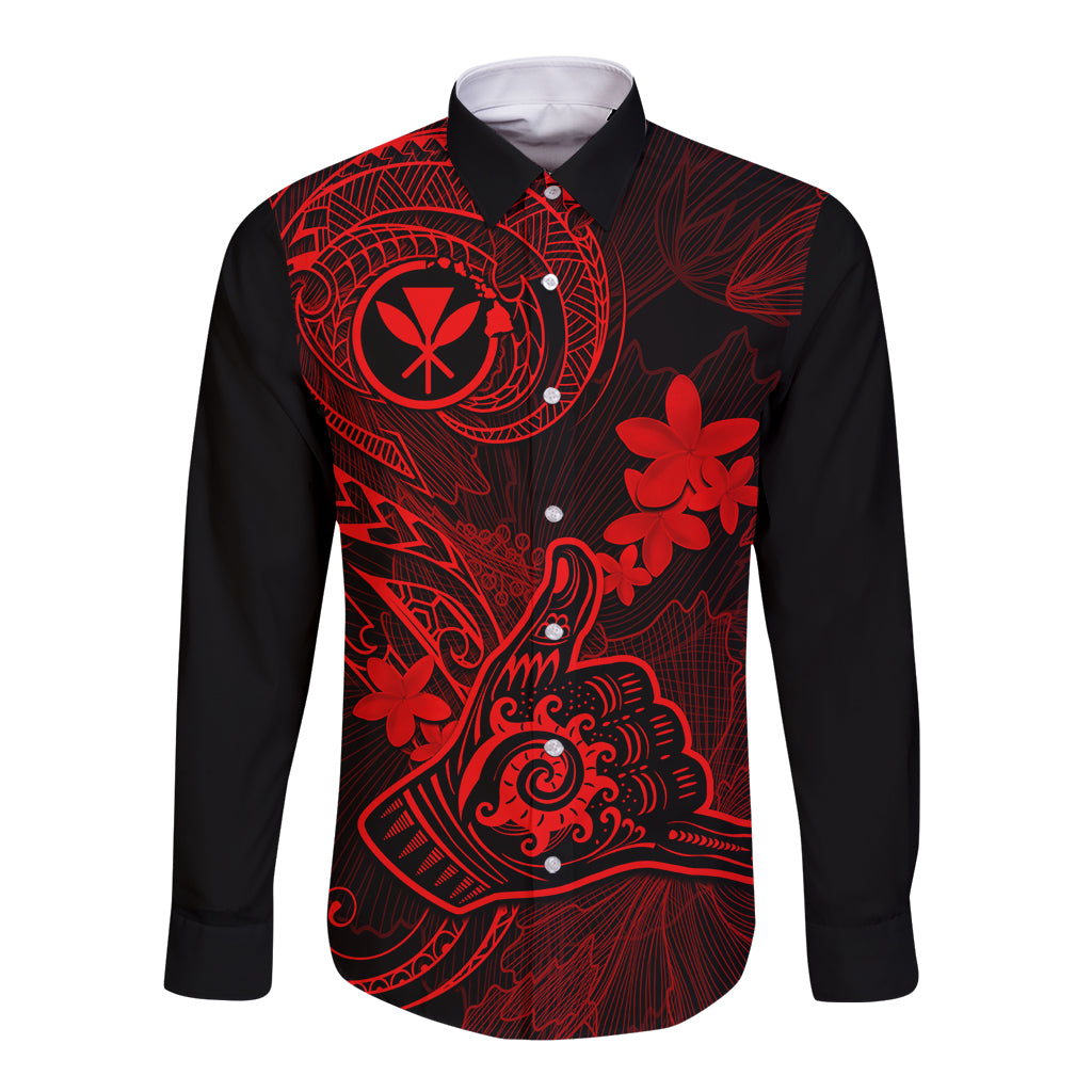 hawaii-long-sleeve-button-shirt-shaka-tattoo-mix-polynesian-plumeria-red-version