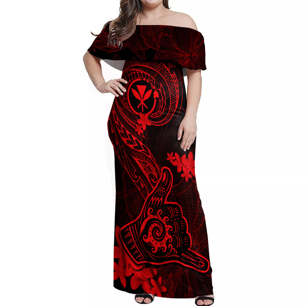 Hawaii Off Shoulder Maxi Dress Shaka Tattoo Mix Polynesian Plumeria Red Version LT14 Women Red - Polynesian Pride