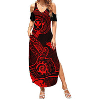 Hawaii Summer Maxi Dress Shaka Tattoo Mix Polynesian Plumeria Red Version LT14 Women Red - Polynesian Pride