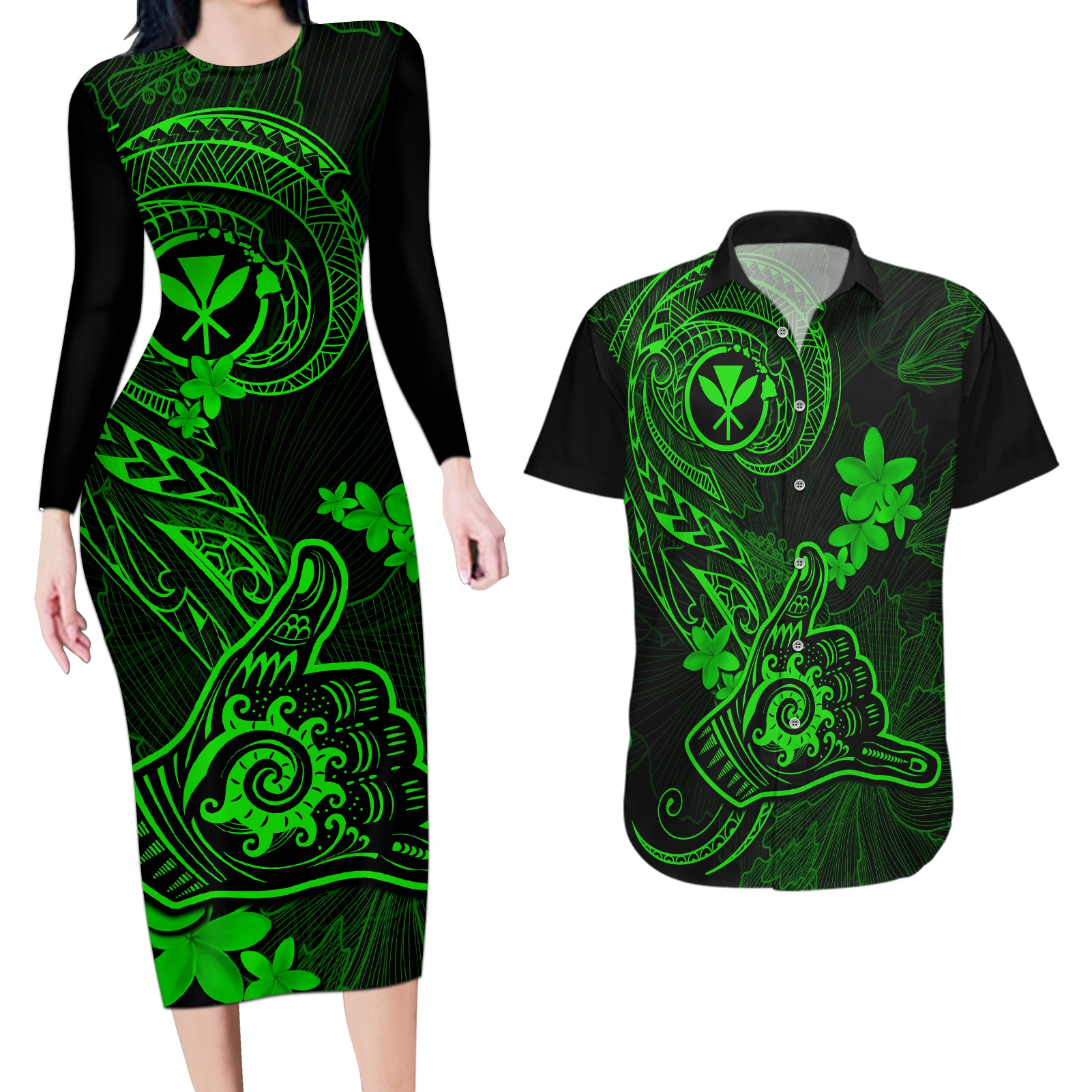 hawaii-couples-matching-long-sleeve-bodycon-dress-and-hawaiian-shirt-shaka-tattoo-mix-polynesian-plumeria-green-version