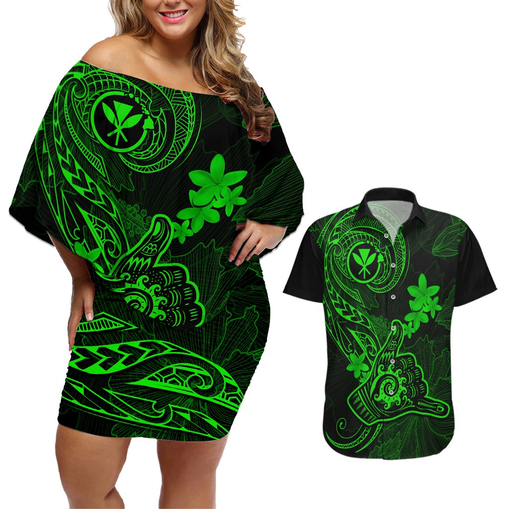 Hawaii Couples Matching Off Shoulder Short Dress and Hawaiian Shirt Shaka Tattoo Mix Polynesian Plumeria Green Version LT14 Green - Polynesian Pride