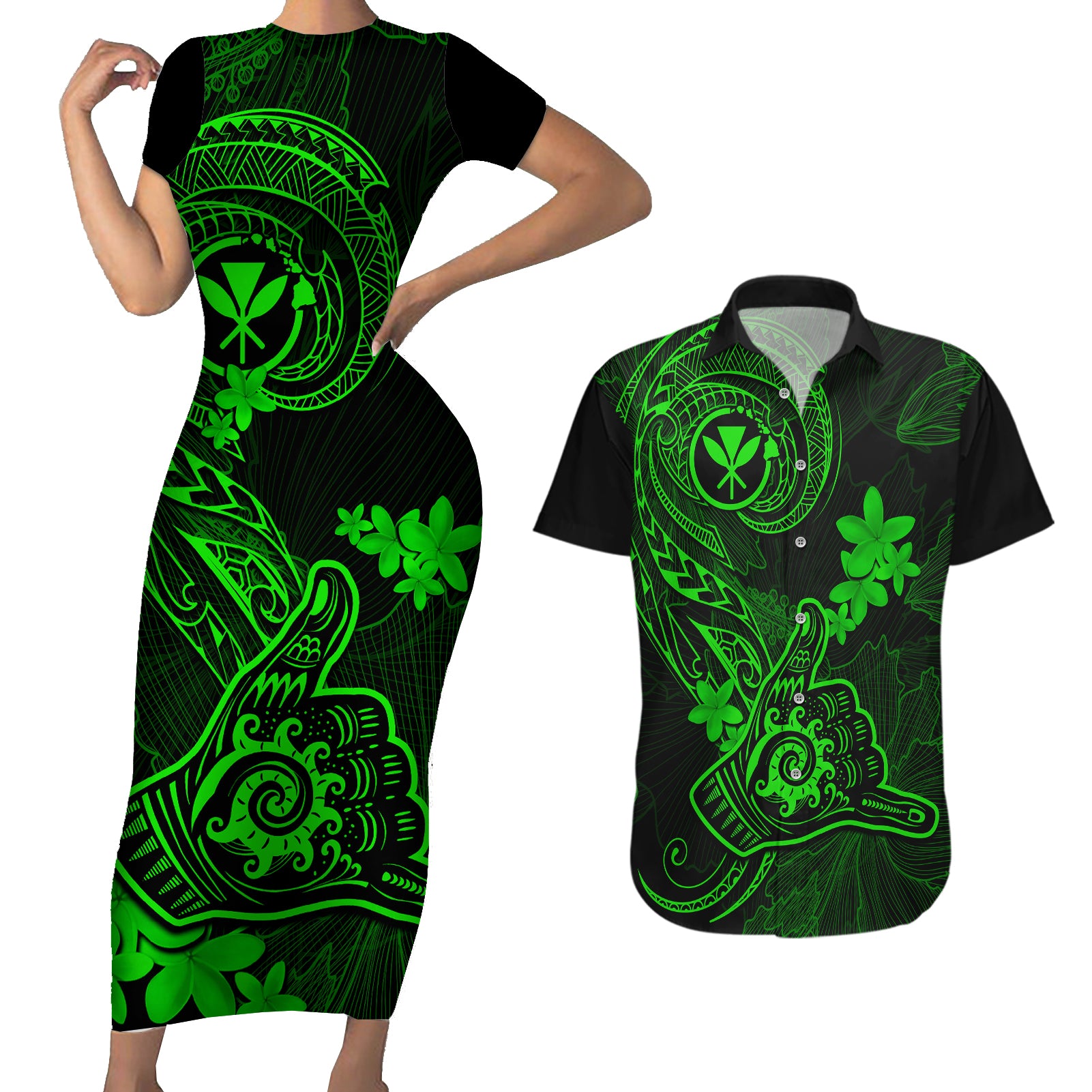 hawaii-couples-matching-short-sleeve-bodycon-dress-and-hawaiian-shirt-shaka-tattoo-mix-polynesian-plumeria-green-version