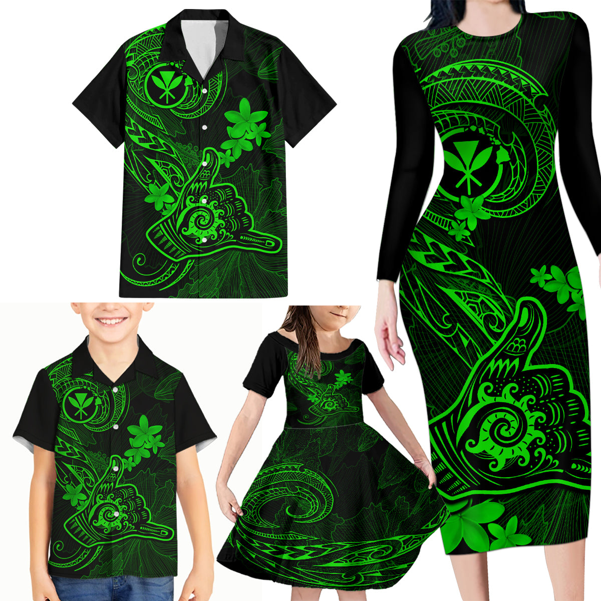 hawaii-family-matching-long-sleeve-bodycon-dress-and-hawaiian-shirt-shaka-tattoo-mix-polynesian-plumeria-green-version