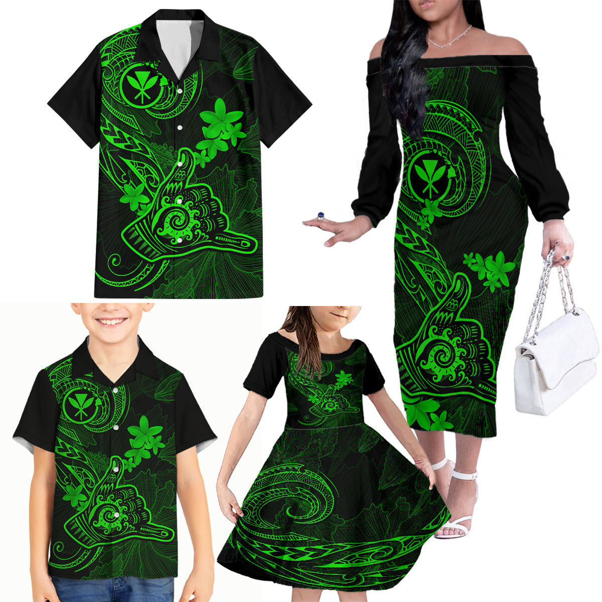 hawaii-family-matching-off-shoulder-long-sleeve-dress-and-hawaiian-shirt-shaka-tattoo-mix-polynesian-plumeria-green-version