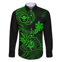 Hawaii Family Matching Puletasi Dress and Hawaiian Shirt Shaka Tattoo Mix Polynesian Plumeria Green Version LT14 Dad's Shirt - Long Sleeve Green - Polynesian Pride