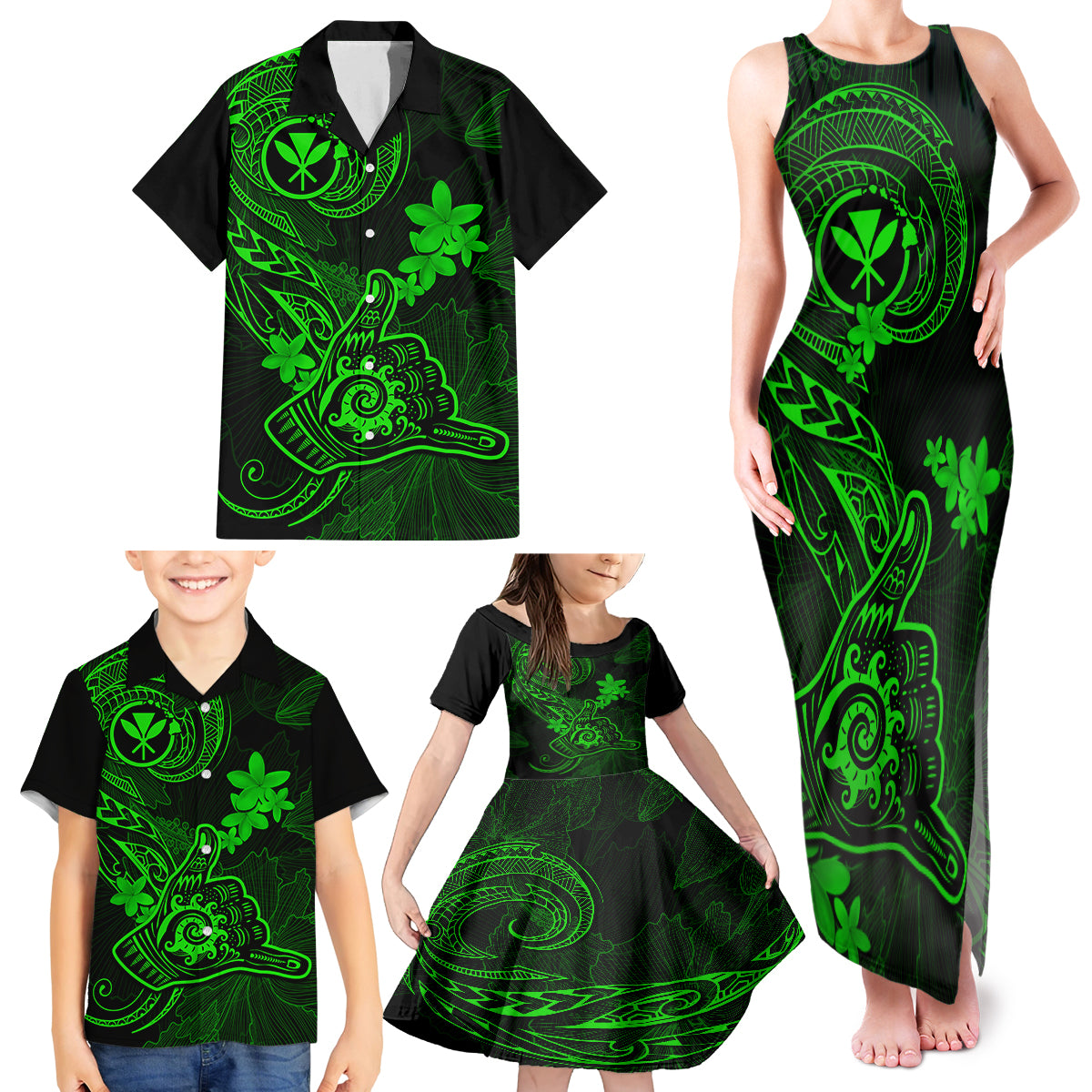 hawaii-family-matching-tank-maxi-dress-and-hawaiian-shirt-shaka-tattoo-mix-polynesian-plumeria-green-version