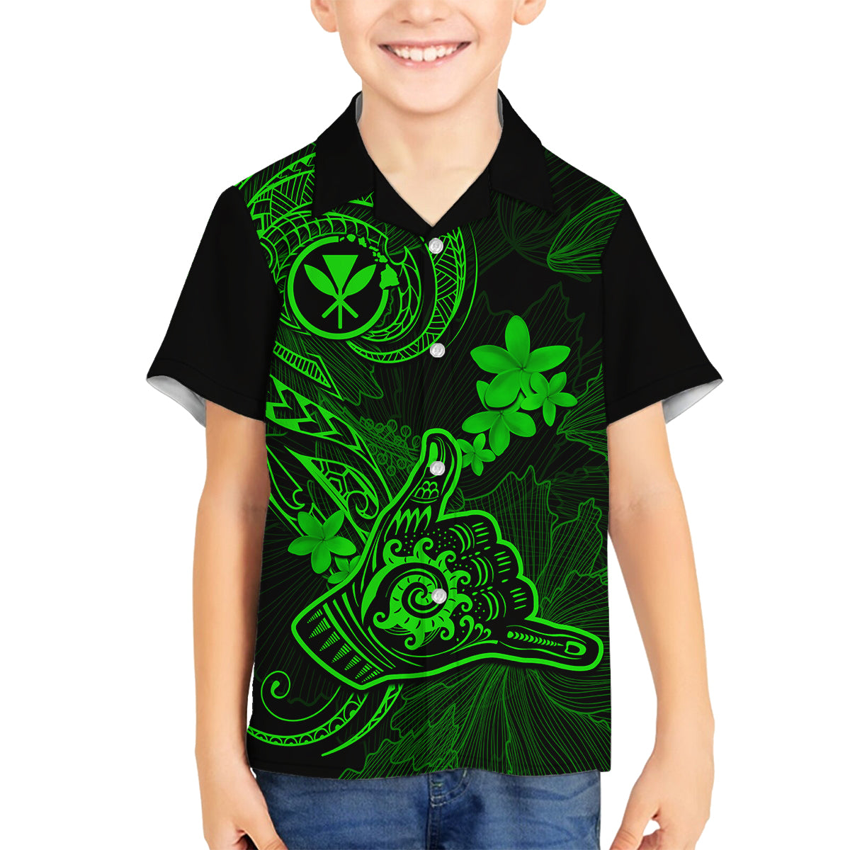 Hawaii Kid Hawaiian Shirt Shaka Tattoo Mix Polynesian Plumeria Green Version LT14 - Polynesian Pride