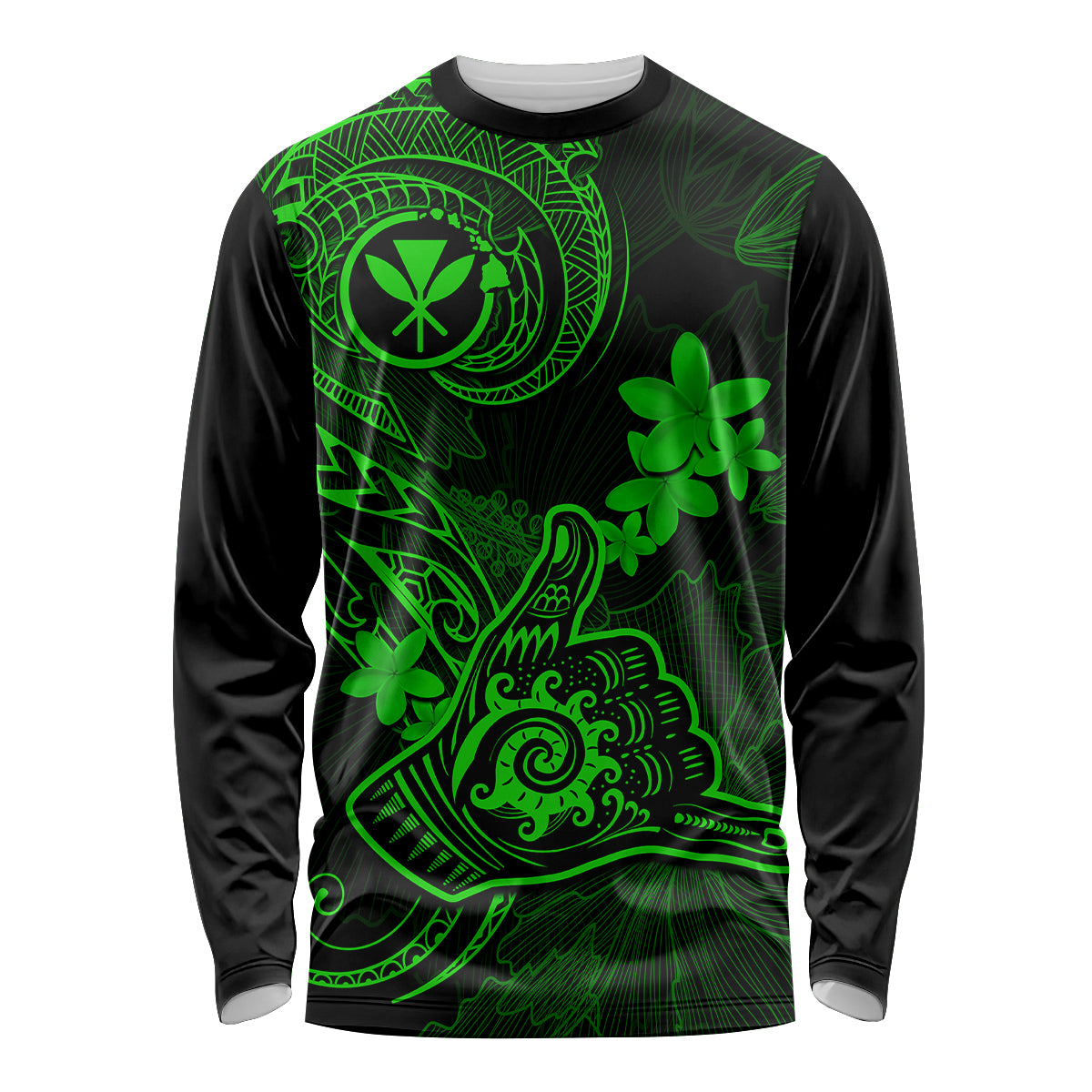 Hawaii Long Sleeve Shirt Shaka Tattoo Mix Polynesian Plumeria Green Version LT14 Unisex Green - Polynesian Pride