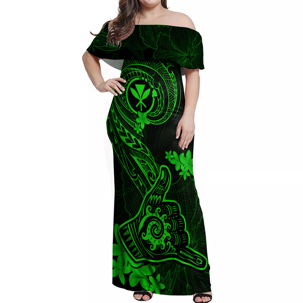 Hawaii Off Shoulder Maxi Dress Shaka Tattoo Mix Polynesian Plumeria Green Version LT14 Women Green - Polynesian Pride