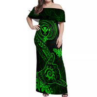 Hawaii Off Shoulder Maxi Dress Shaka Tattoo Mix Polynesian Plumeria Green Version LT14 Women Green - Polynesian Pride