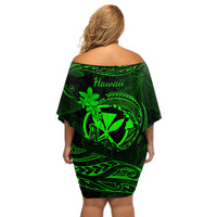 Hawaii Off Shoulder Short Dress Shaka Tattoo Mix Polynesian Plumeria Green Version LT14 - Polynesian Pride