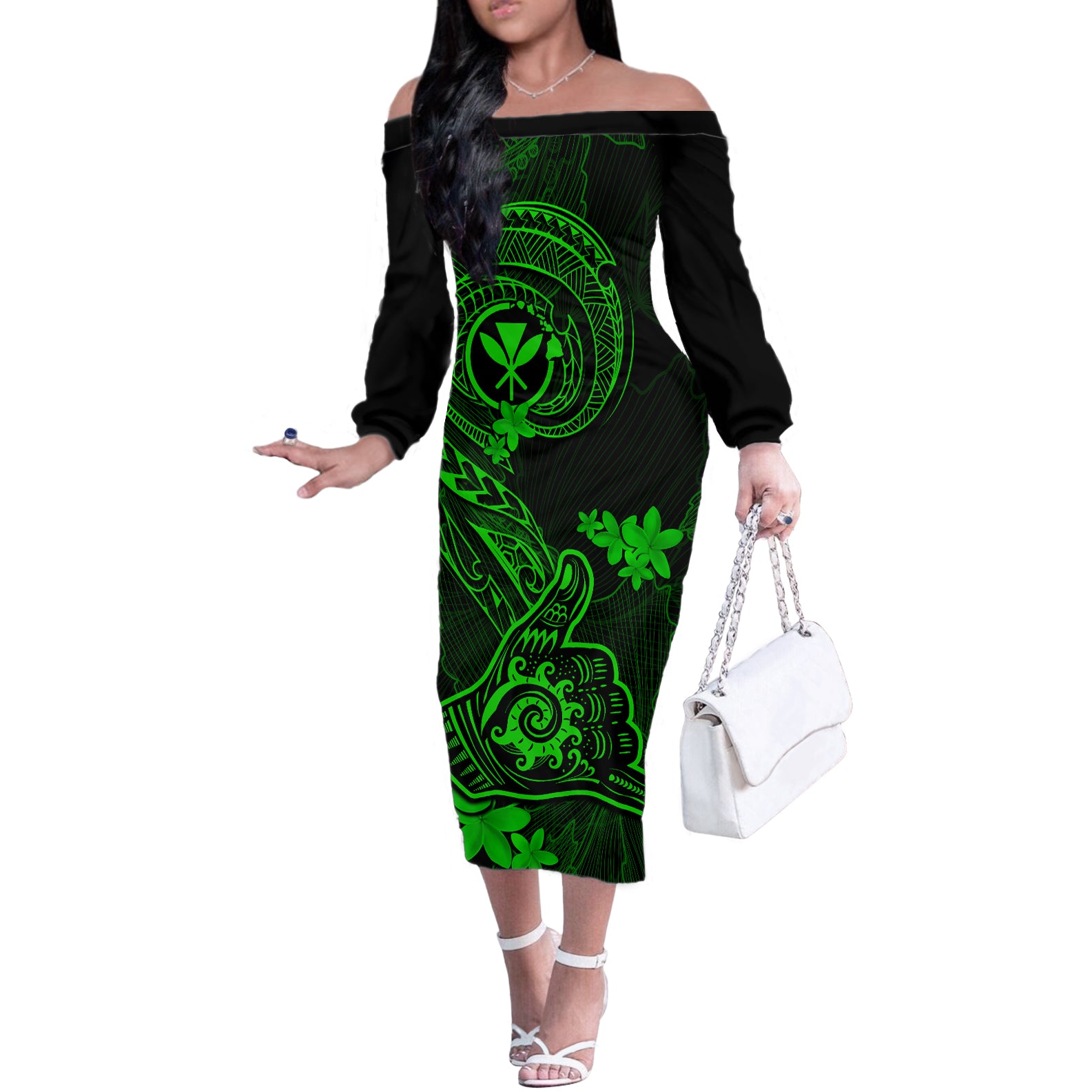 hawaii-off-the-shoulder-long-sleeve-dress-shaka-tattoo-mix-polynesian-plumeria-green-version