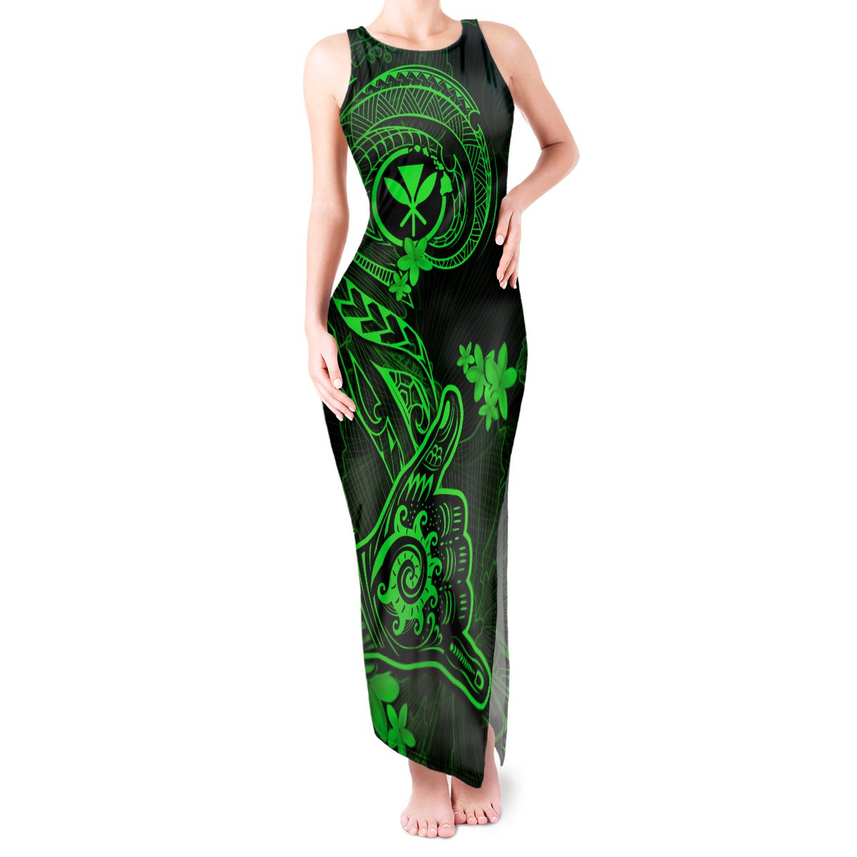 Hawaii Tank Maxi Dress Shaka Tattoo Mix Polynesian Plumeria Green Version LT14 Women Green - Polynesian Pride