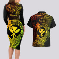 hawaii-couples-matching-long-sleeve-bodycon-dress-and-hawaiian-shirt-hammerhead-shark-tattoo-mix-polynesian-plumeria-reggae-version