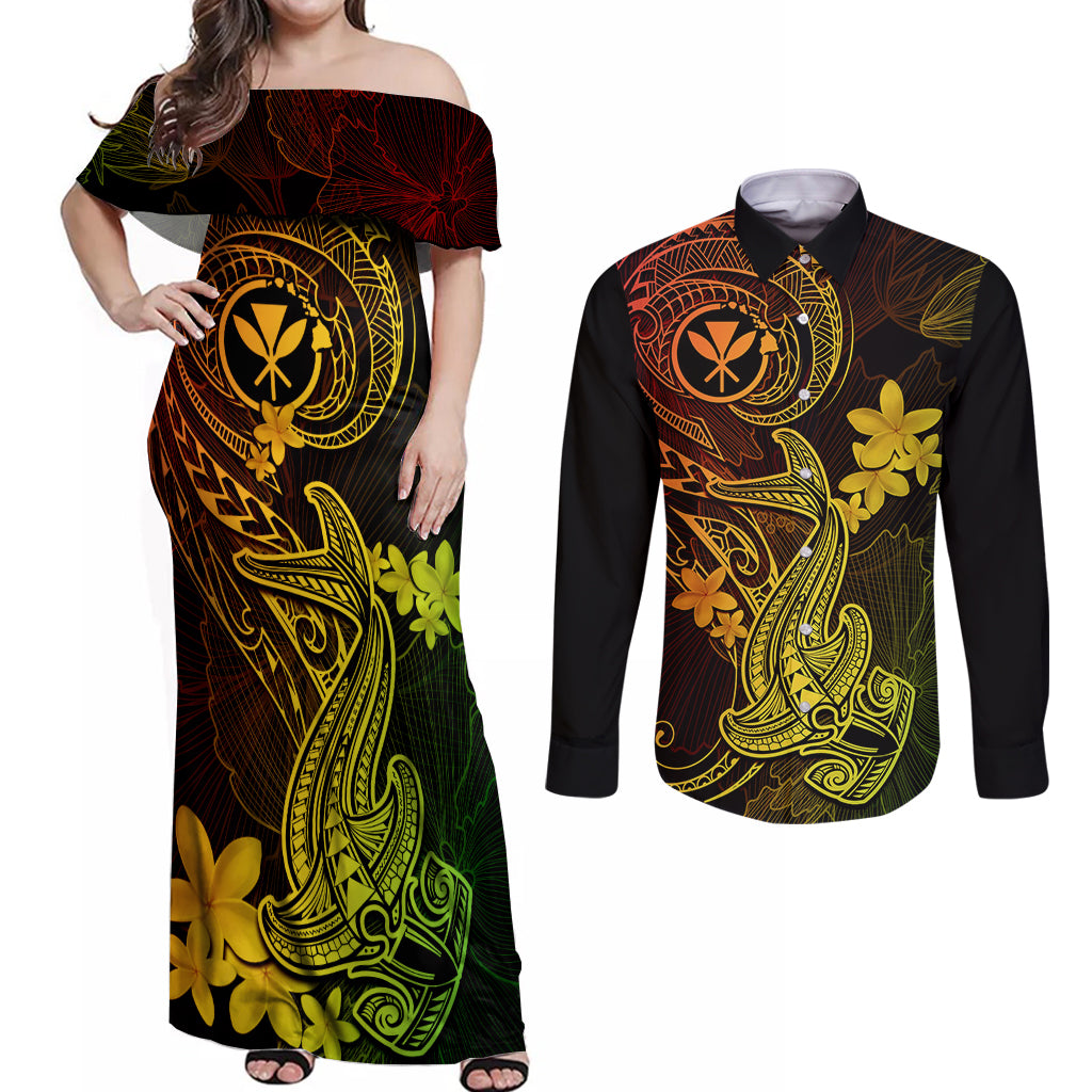 hawaii-couples-matching-off-shoulder-maxi-dress-and-long-sleeve-button-shirts-hammerhead-shark-tattoo-mix-polynesian-plumeria-reggae-version
