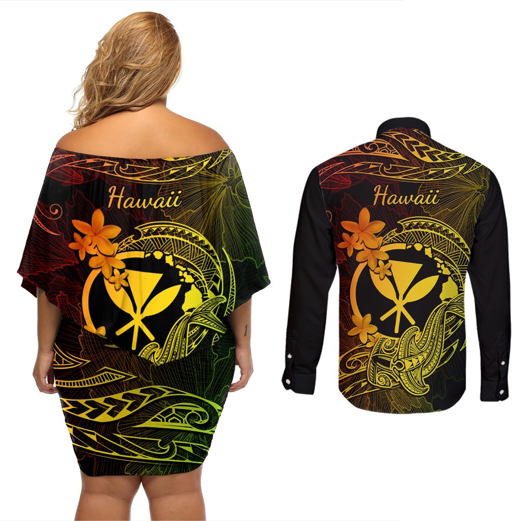 Hawaii Couples Matching Off Shoulder Short Dress and Long Sleeve Button Shirts Hammerhead Shark Tattoo Mix Polynesian Plumeria Reggae Version LT14 - Polynesian Pride