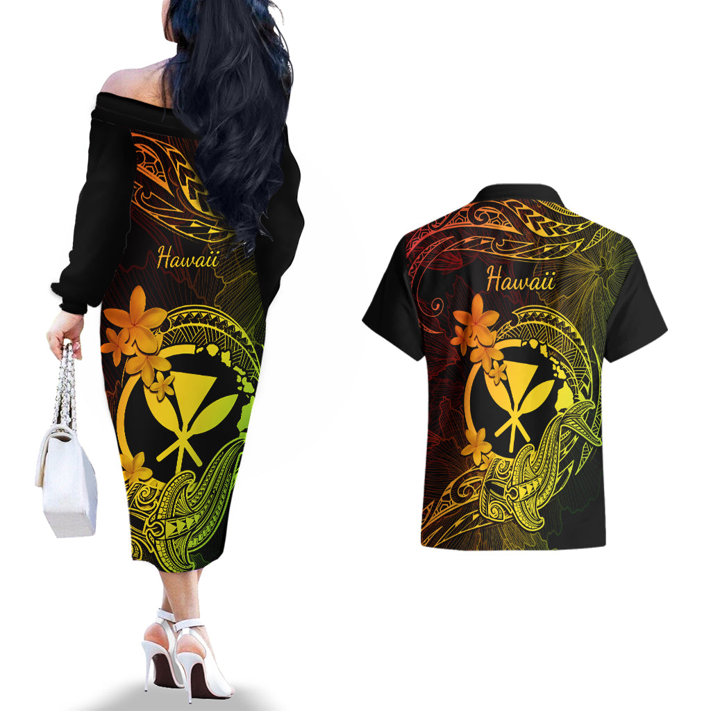 hawaii-couples-matching-off-the-shoulder-long-sleeve-dress-and-hawaiian-shirt-hammerhead-shark-tattoo-mix-polynesian-plumeria-reggae-version