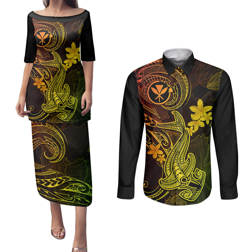 hawaii-couples-matching-puletasi-dress-and-long-sleeve-button-shirts-hammerhead-shark-tattoo-mix-polynesian-plumeria-reggae-version