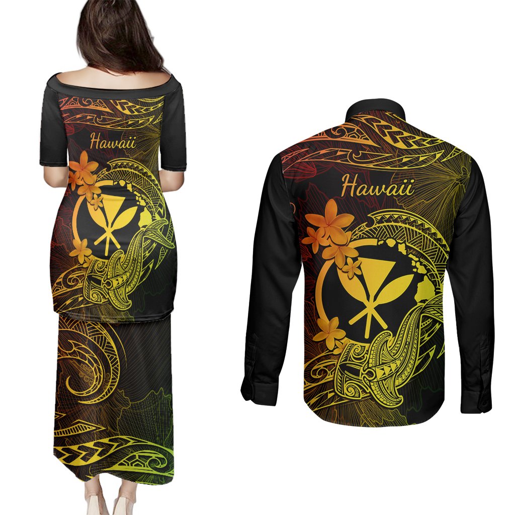 Hawaii Couples Matching Puletasi Dress and Long Sleeve Button Shirts Hammerhead Shark Tattoo Mix Polynesian Plumeria Reggae Version LT14 - Polynesian Pride