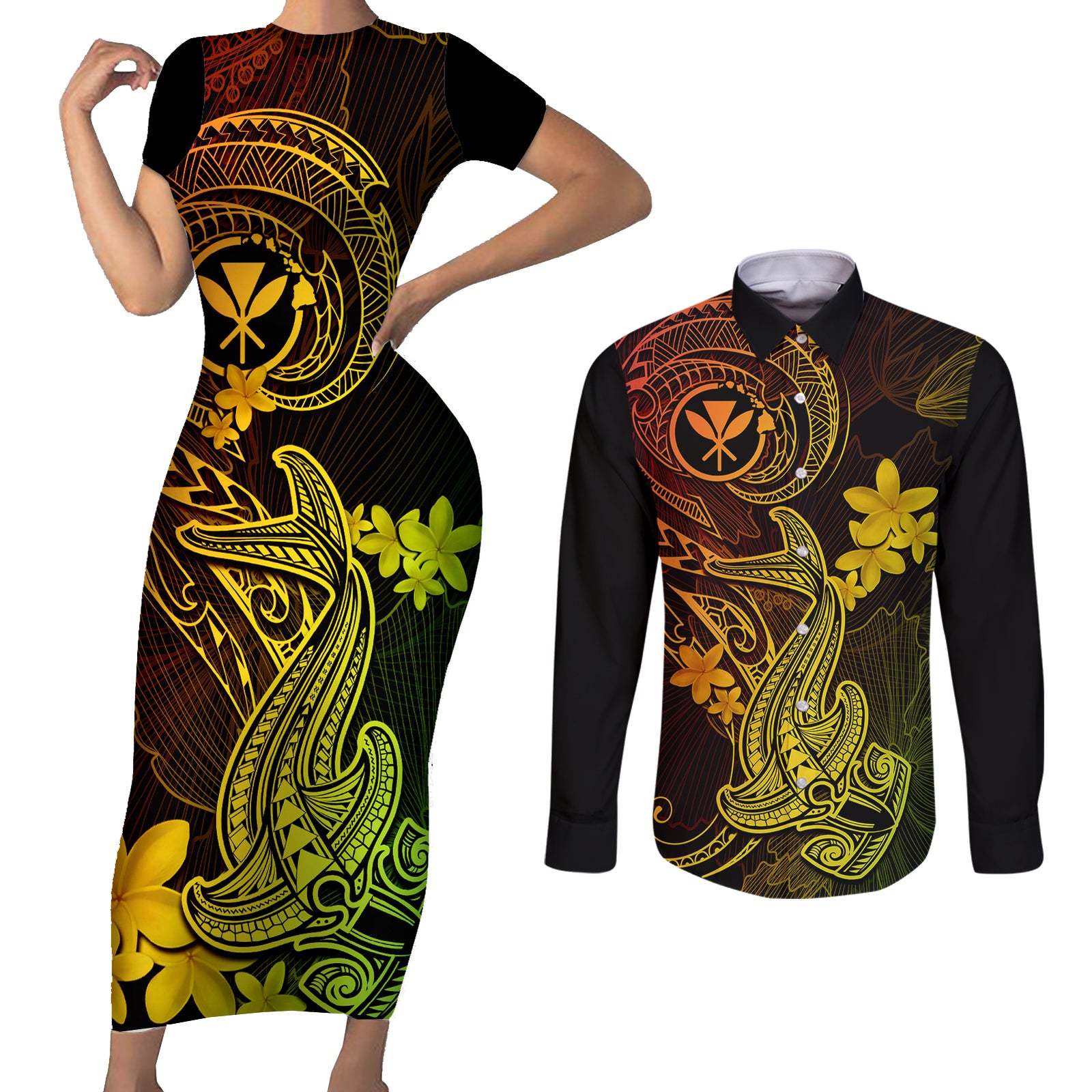 Hawaii Couples Matching Short Sleeve Bodycon Dress and Long Sleeve Button Shirts Hammerhead Shark Tattoo Mix Polynesian Plumeria Reggae Version LT14 Reggae - Polynesian Pride