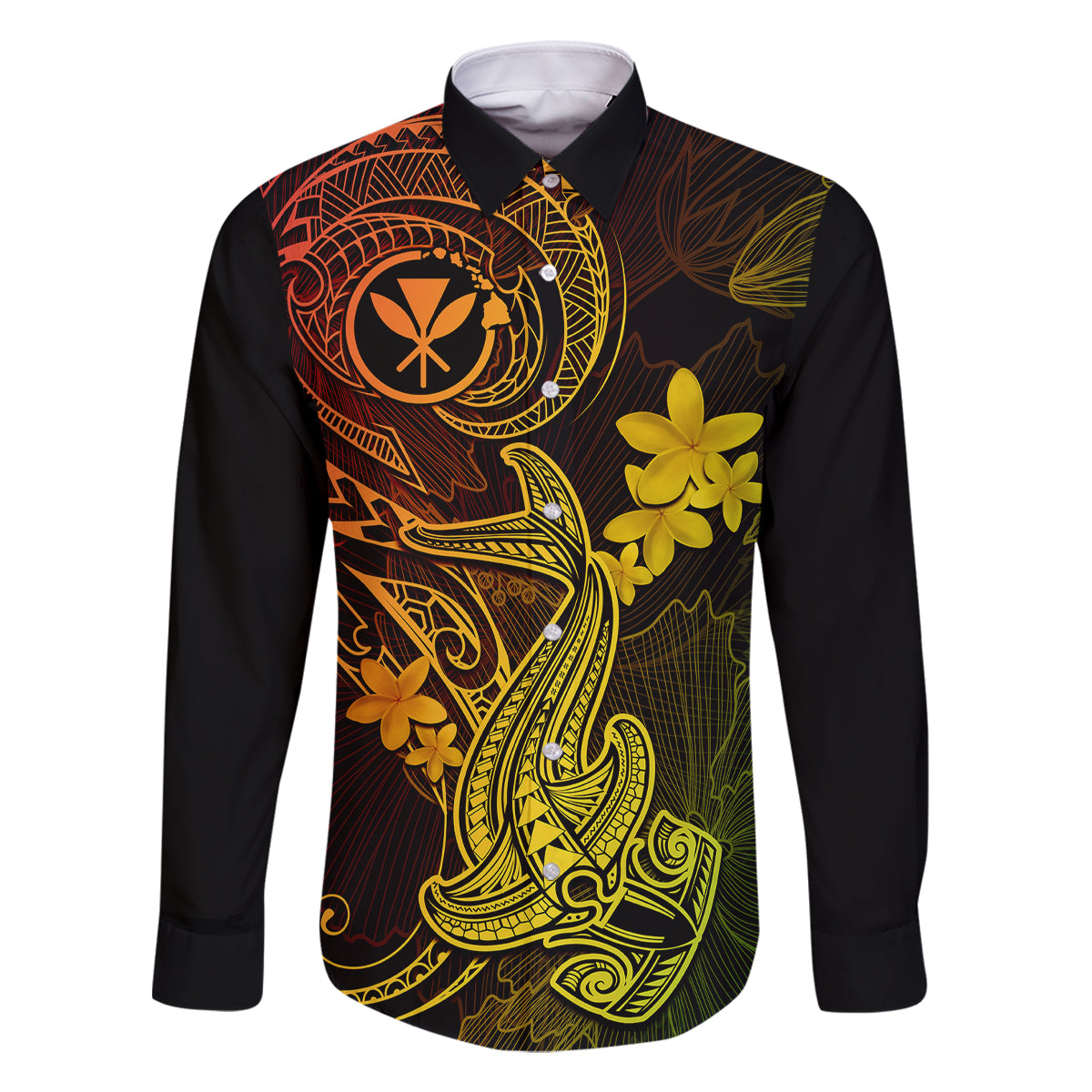 Hawaii Family Matching Long Sleeve Bodycon Dress and Hawaiian Shirt Hammerhead Shark Tattoo Mix Polynesian Plumeria Reggae Version LT14 Dad's Shirt - Long Sleeve Reggae - Polynesian Pride