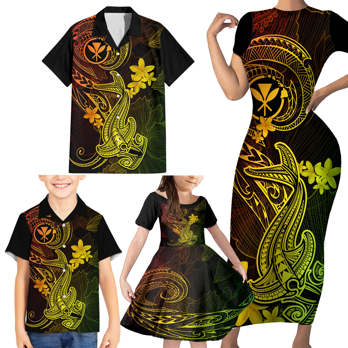 hawaii-family-matching-short-sleeve-bodycon-dress-and-hawaiian-shirt-hammerhead-shark-tattoo-mix-polynesian-plumeria-reggae-version