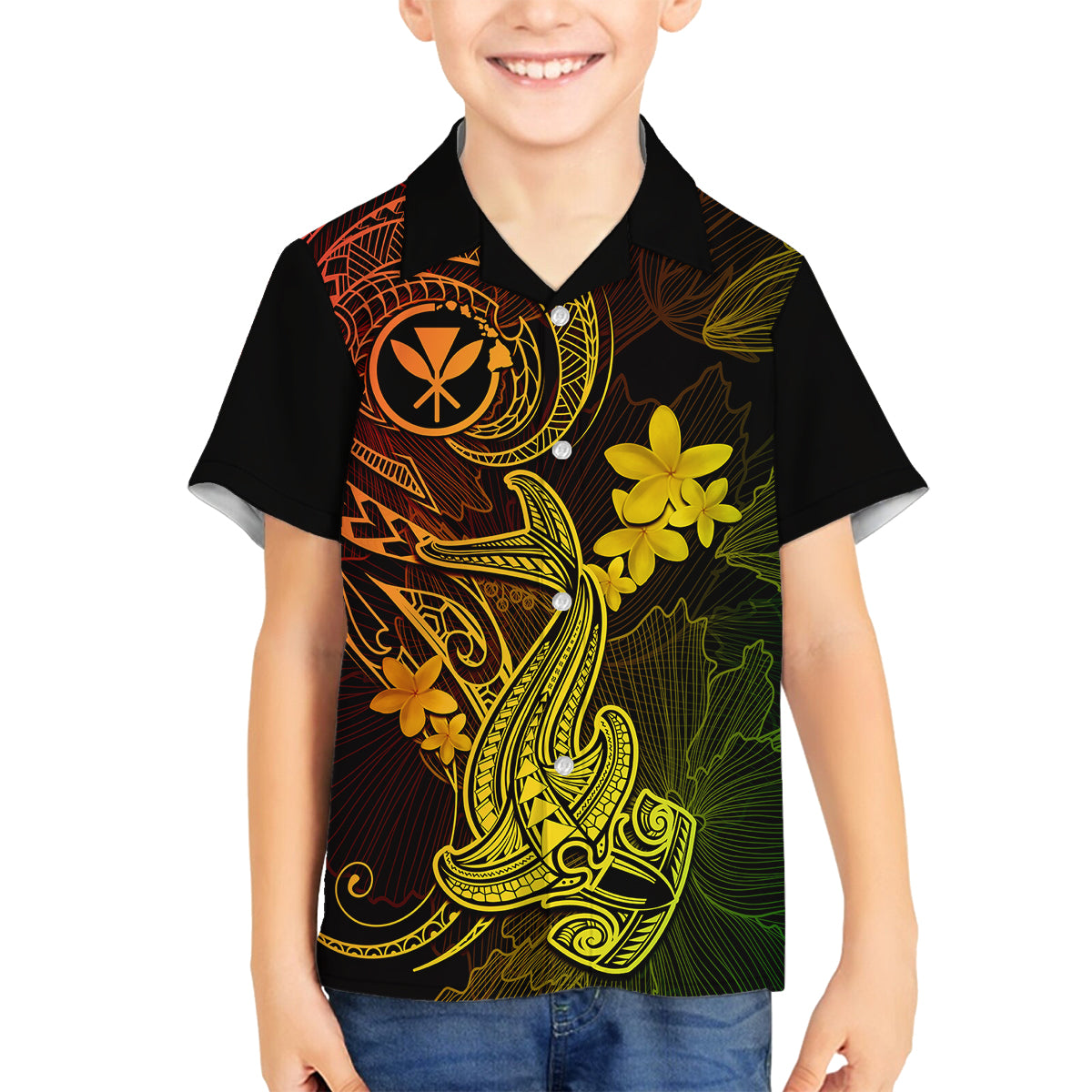 Hawaii Kid Hawaiian Shirt Hammerhead Shark Tattoo Mix Polynesian Plumeria Reggae Version LT14 - Polynesian Pride